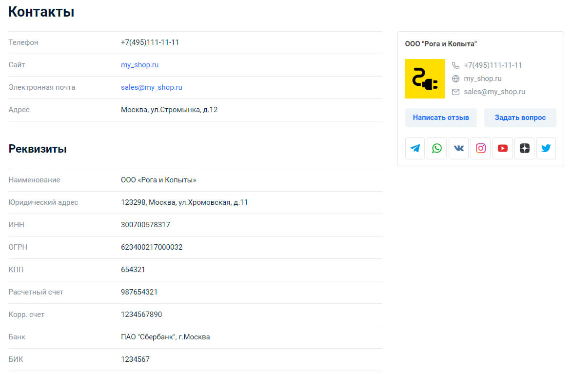 Страница интернет-магазина контакты